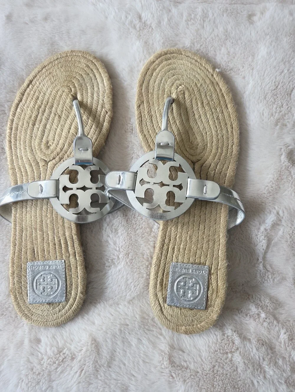 Tory Burch Silver Logo Rope-Style Espadrille Sandals Size 11